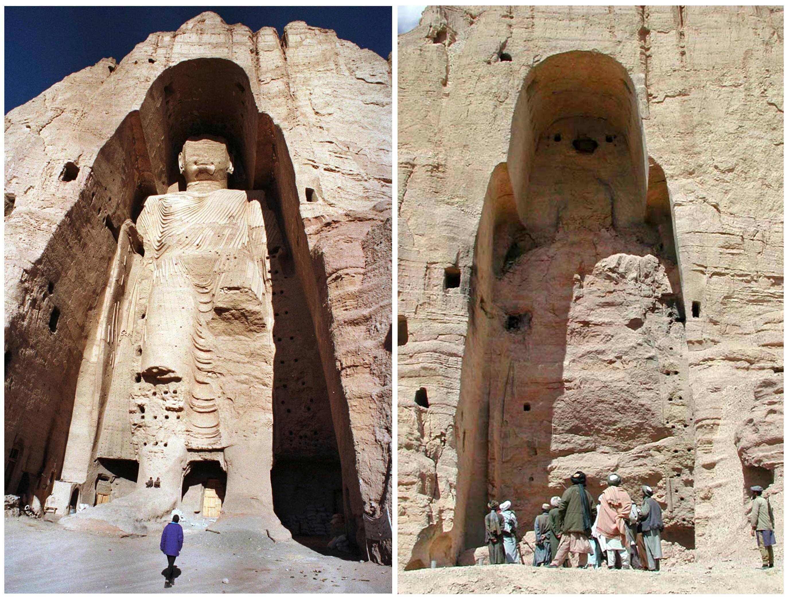 Buddha stature before and after destruction in Bamyian